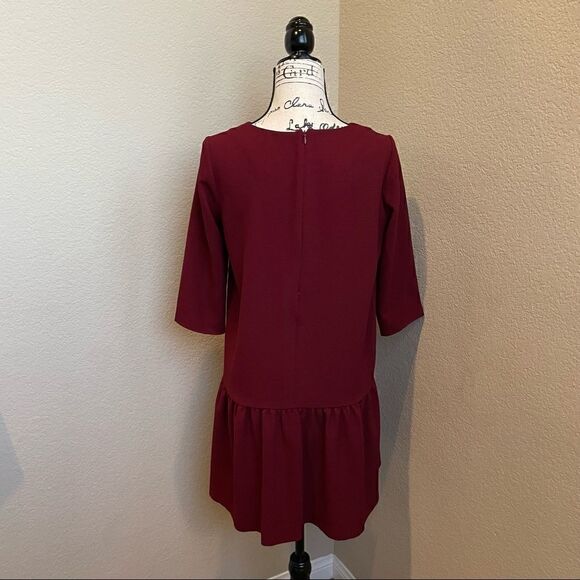 promod Burgundy Drop Waist Mini Dress with Faux Pockets and 3/4 Sleeves EU 38 - Picture 5 of 15